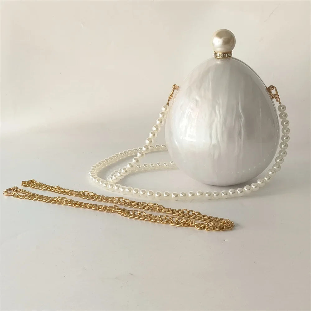 Pearl White Egg Acrylic Box Oval Bridal Messenger Clutch Bag