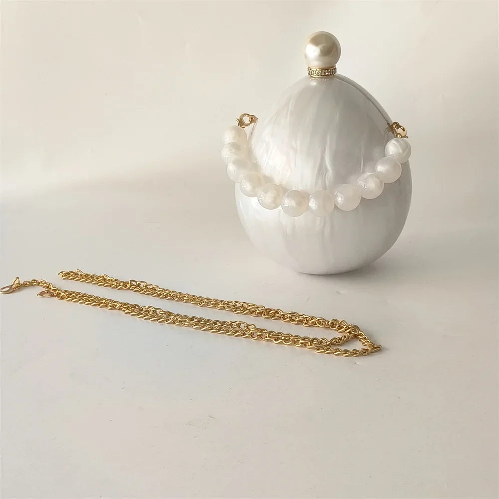 Pearl White Egg Acrylic Box Oval Bridal Messenger Clutch Bag