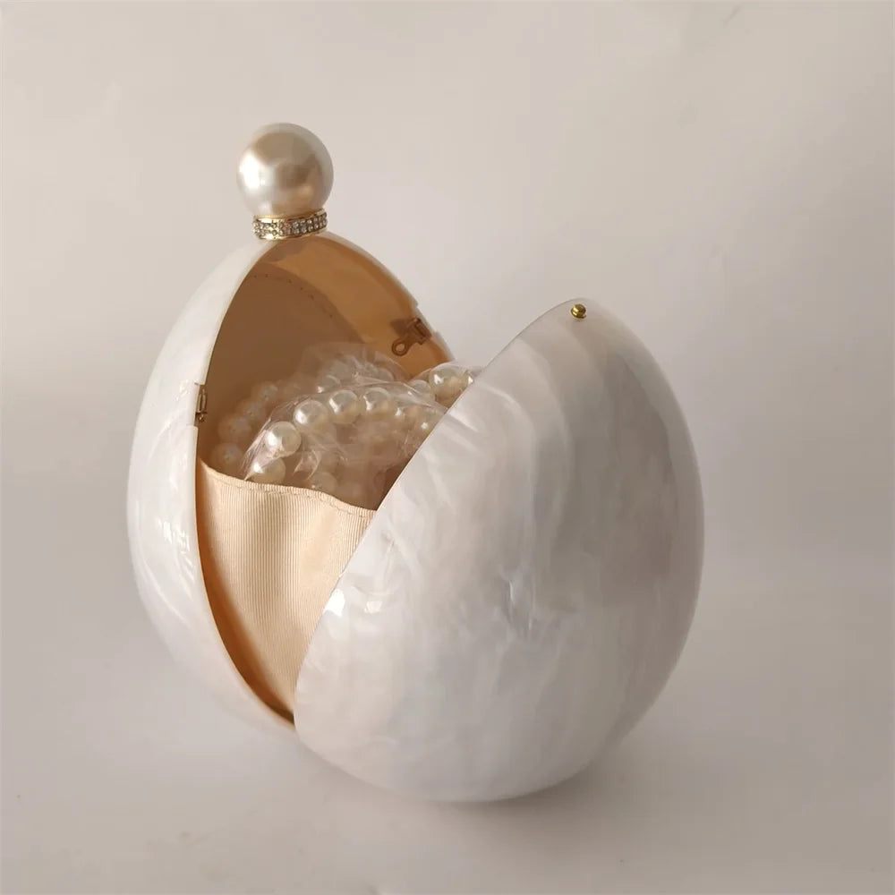 Pearl White Egg Acrylic Box Oval Bridal Messenger Clutch Bag