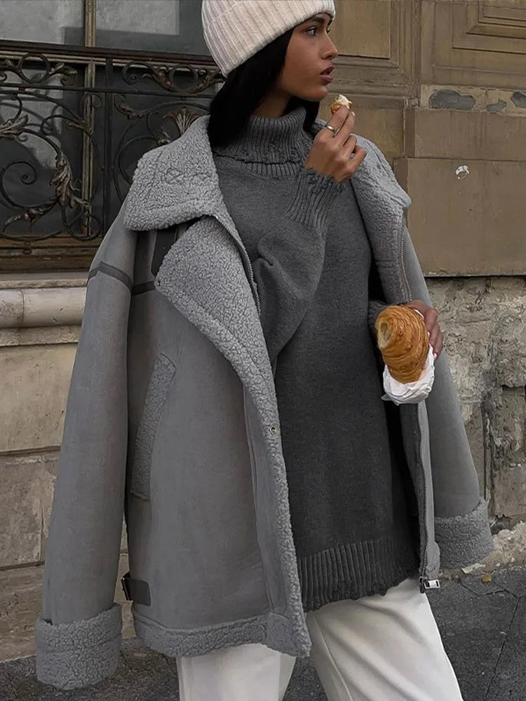 Lamb Wool Zipper Loose Casual Thick Warm Streetwear Coats - Fashionpara