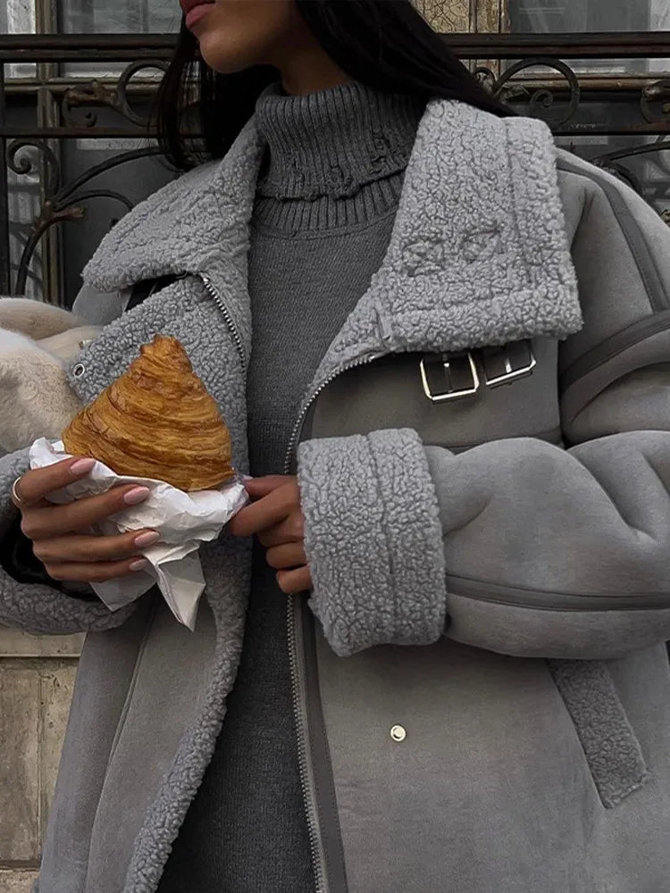 Lamb Wool Zipper Loose Casual Thick Warm Streetwear Coats - Fashionpara