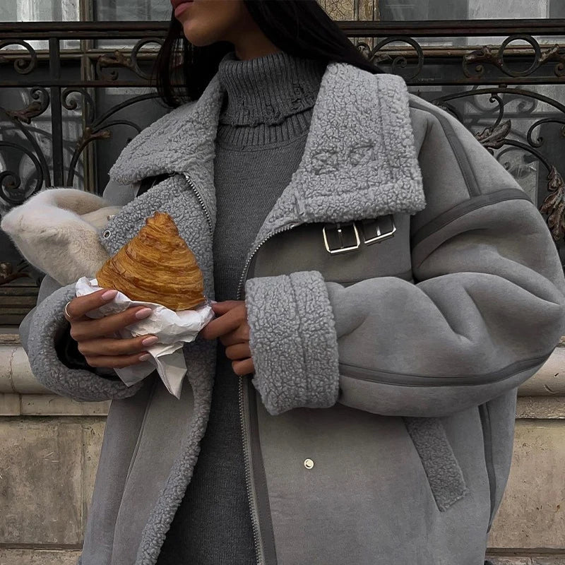 Lamb Wool Zipper Loose Casual Thick Warm Streetwear Coats - Fashionpara