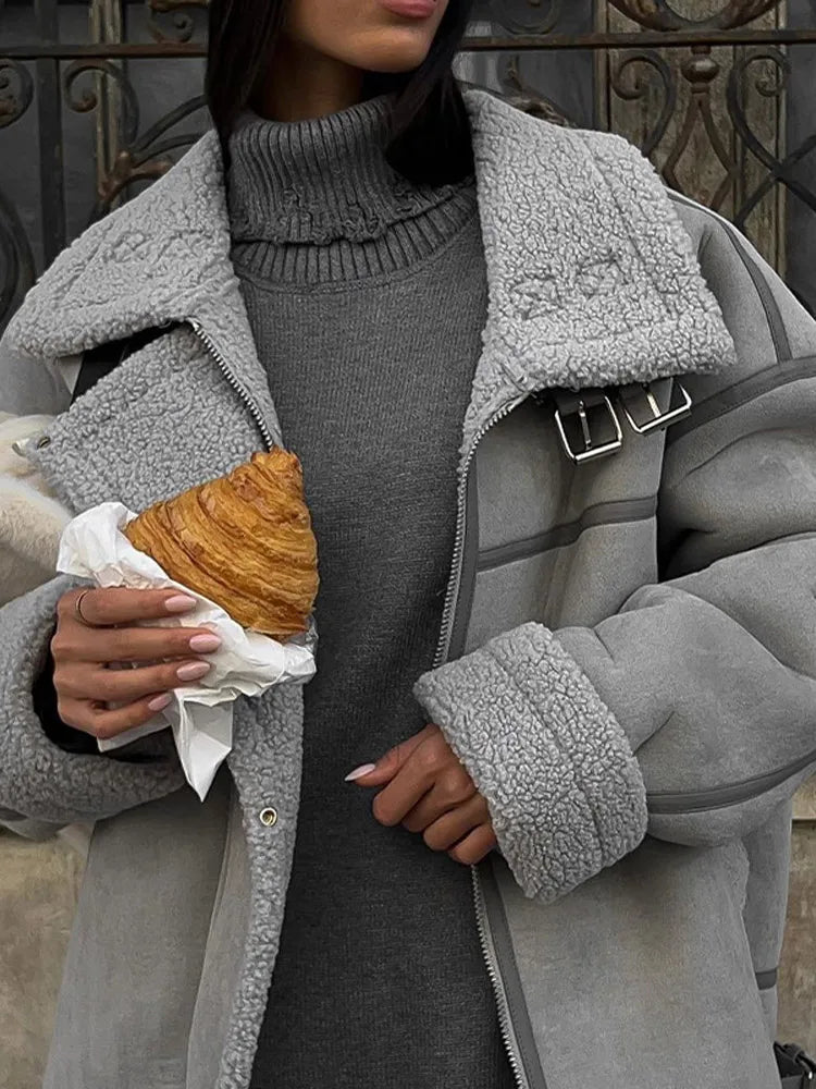 Lamb Wool Zipper Loose Casual Thick Warm Streetwear Coats - Fashionpara