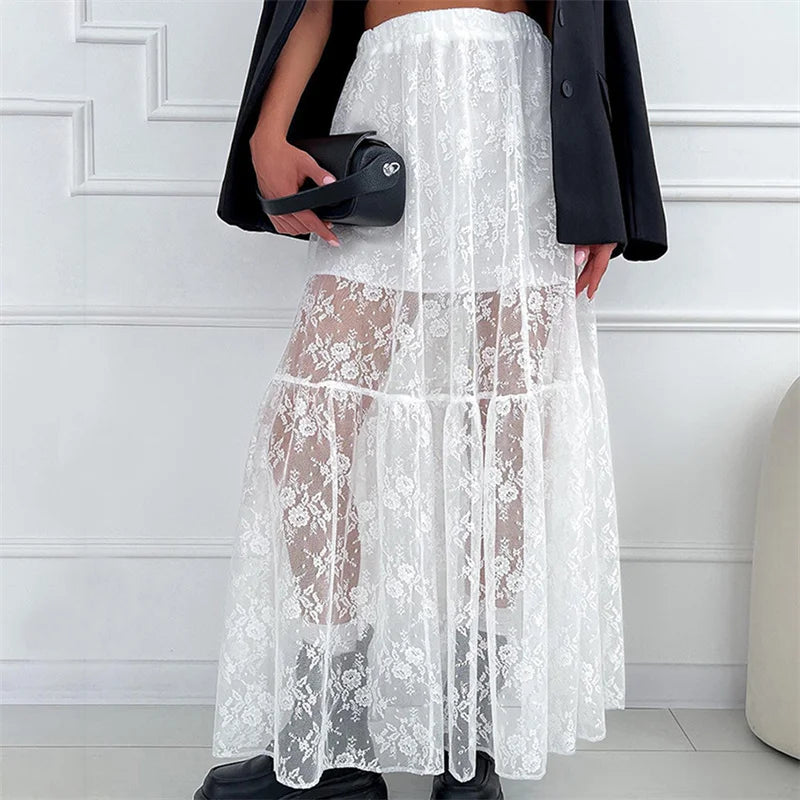 See Through Floral Lace Elastic High Waist A-Line Long Skirt Vacation Party