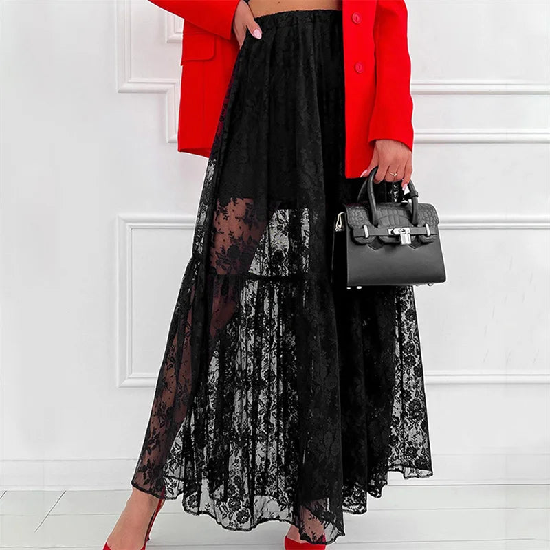 See Through Floral Lace Elastic High Waist A-Line Long Skirt Vacation Party