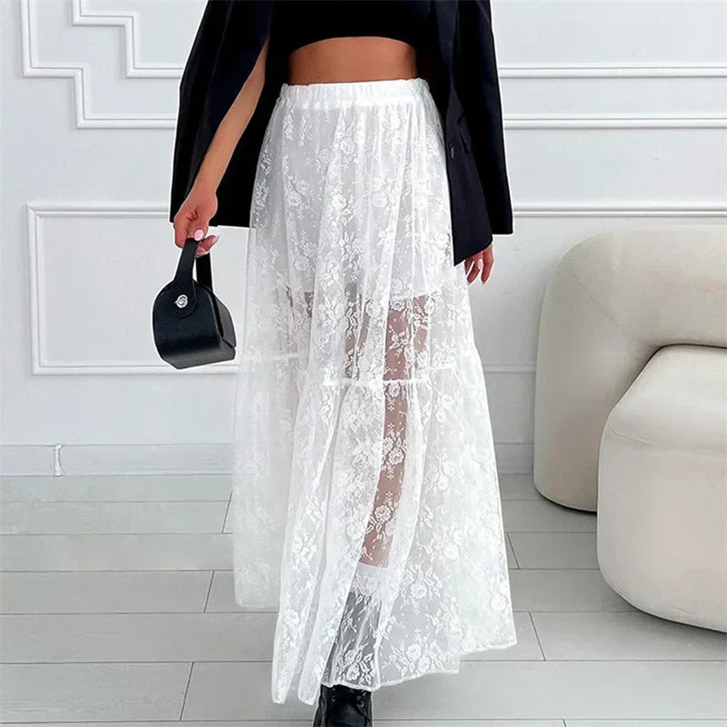 See Through Floral Lace Elastic High Waist A-Line Long Skirt Vacation Party