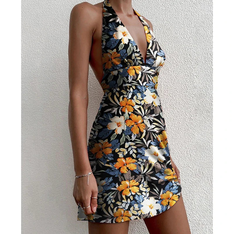 Y2K Floral Sleeveless Halter Neck Backless Floral Dress