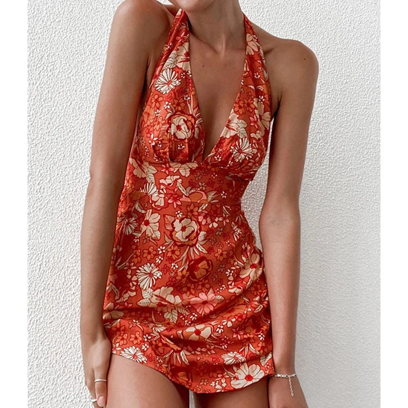 Y2K Floral Sleeveless Halter Neck Backless Floral Dress