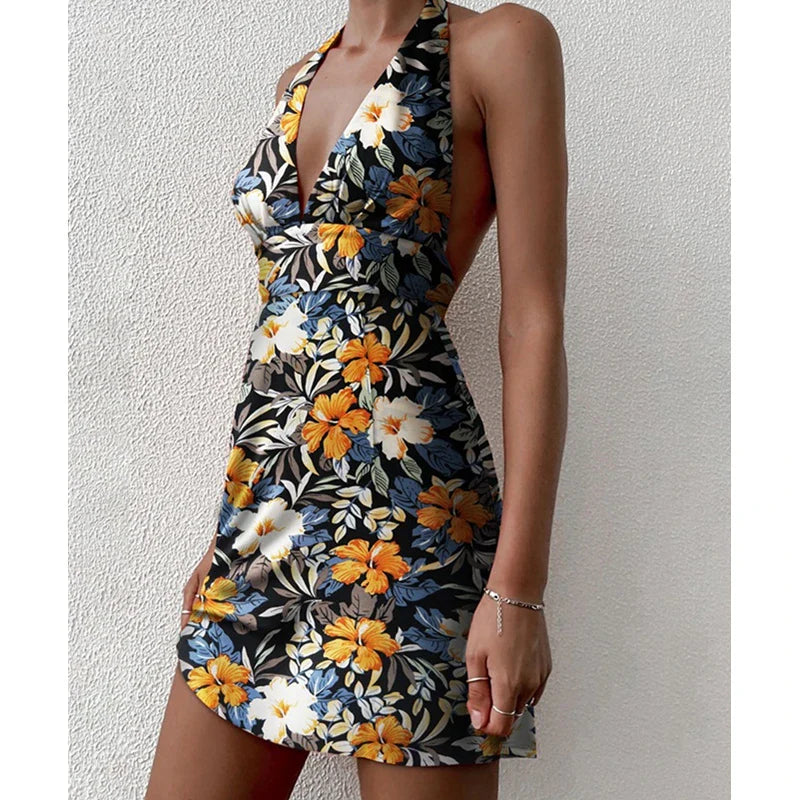 Y2K Floral Sleeveless Halter Neck Backless Floral Dress