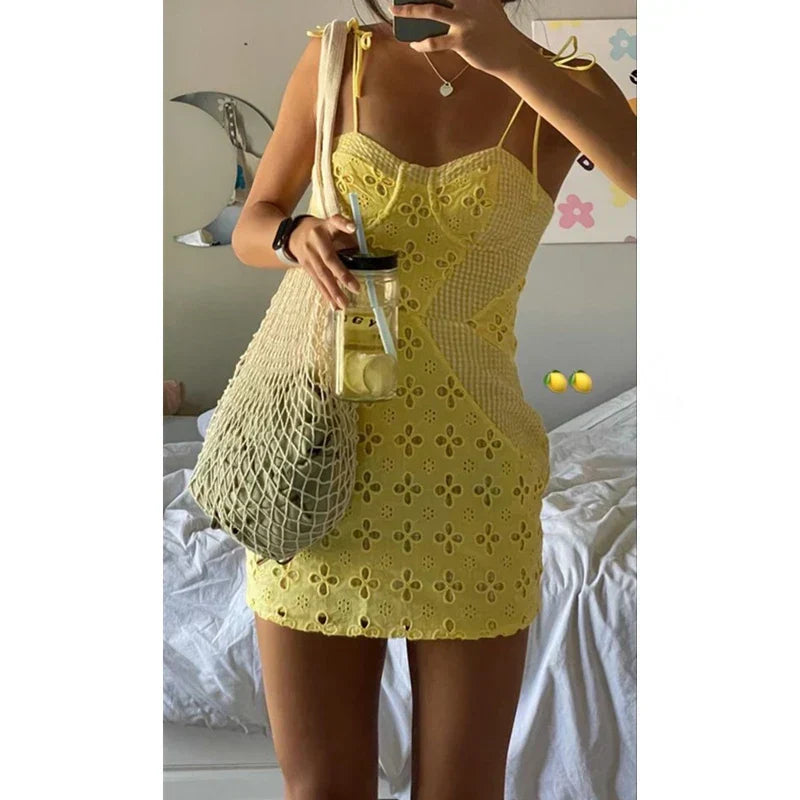 Eyelet Sweetheart Spaghetti Strap Bodycon Mini Dress