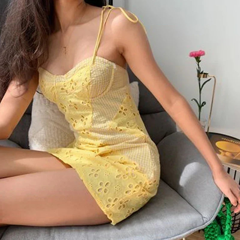 Eyelet Sweetheart Spaghetti Strap Bodycon Mini Dress