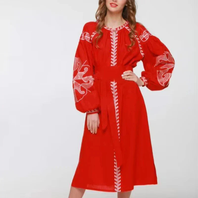 Embroidered Puff Sleeve A-Line Midi Dress