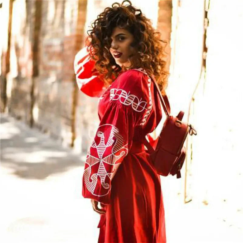 Embroidered Puff Sleeve A-Line Midi Dress