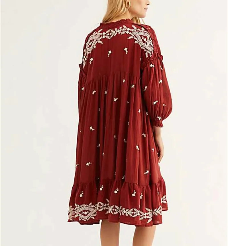 Embroidered V-Neck Long Sleeve Tiered Midi Dress