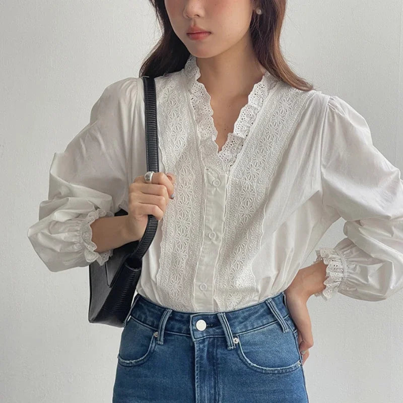 Lantern Sleeve Ruffles V-Neck Cotton Boho Office Blouse