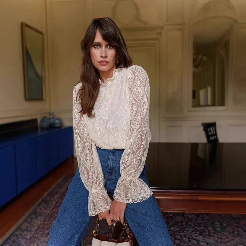 Lantern Sleeve Stand Neck Floral Boho Blouse