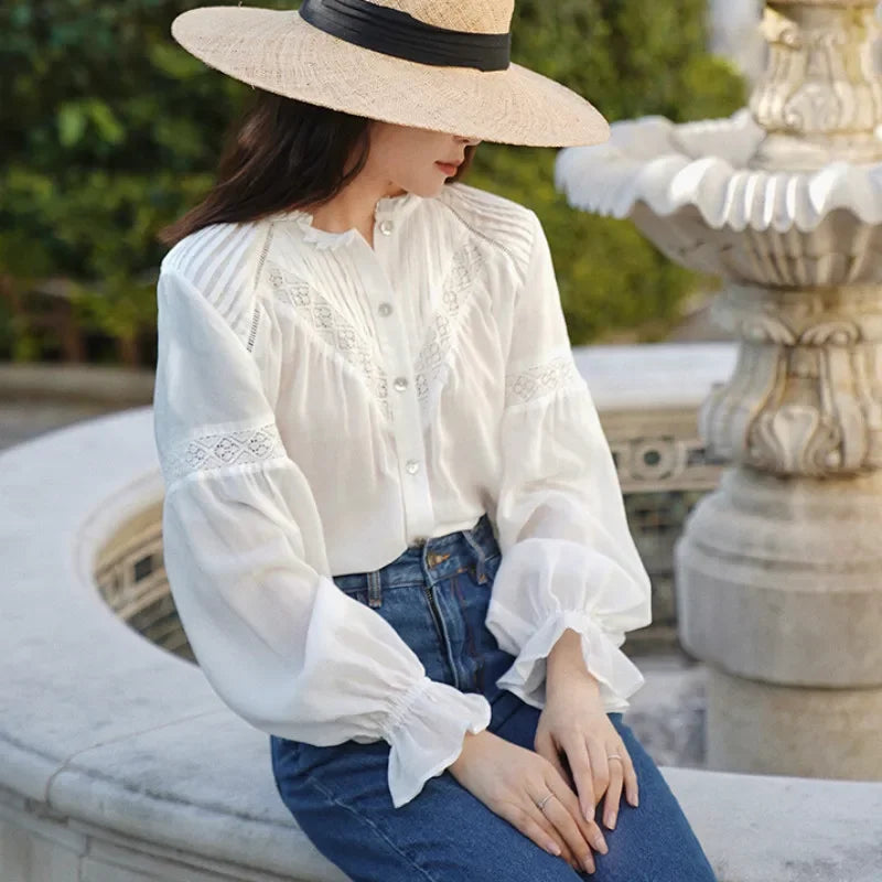 Lantern Sleeve White Lace Party Cotton Boho Blouse