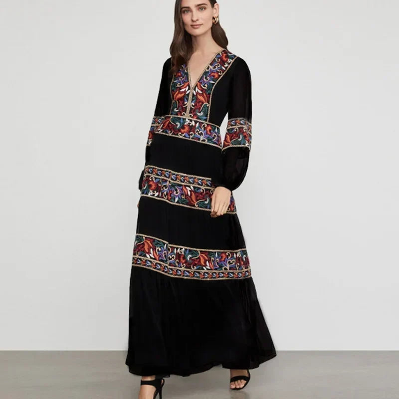 Embroidered Panel V-Neck Long Sleeve Tiered Maxi Dress