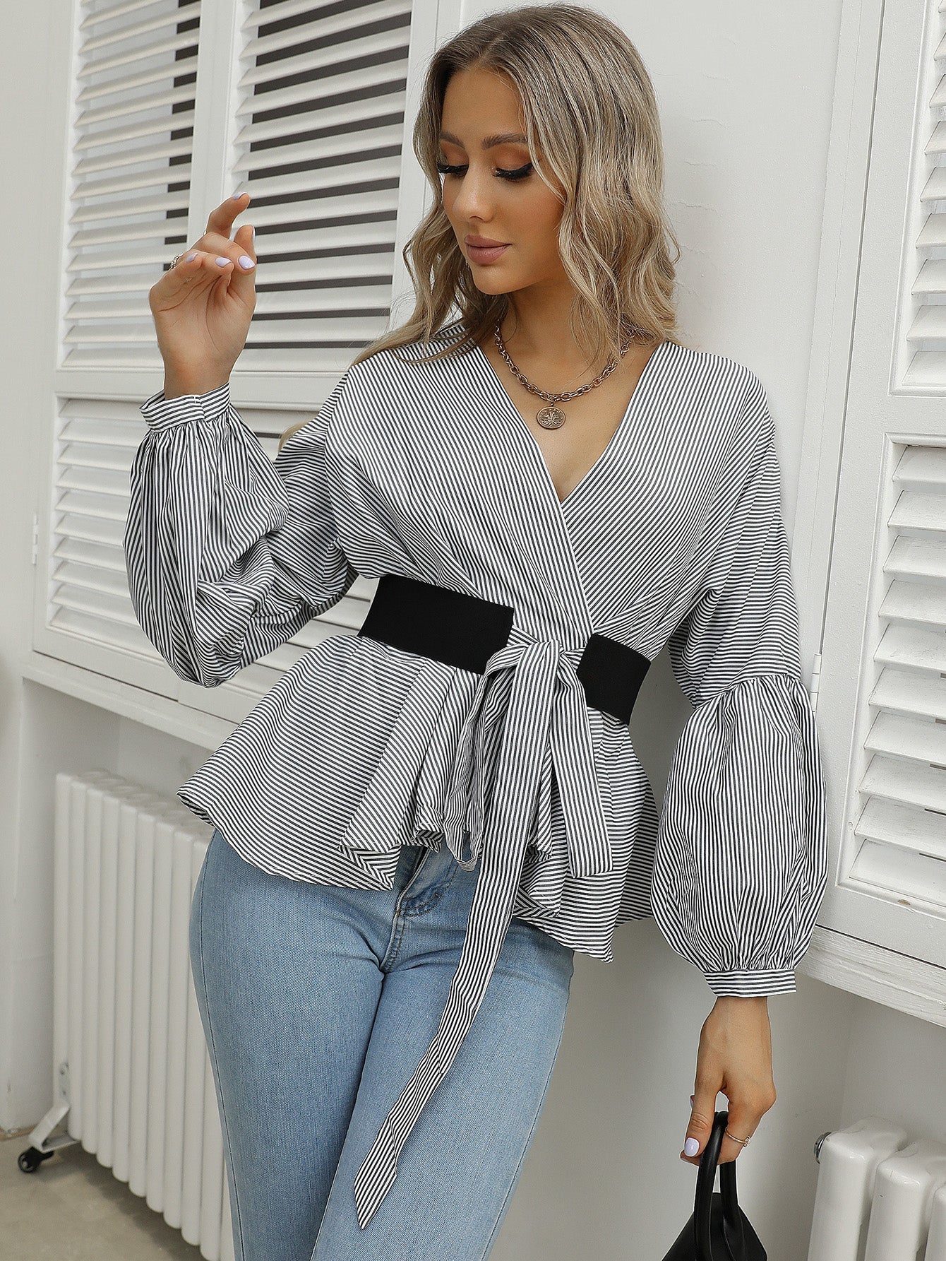 Lantern Sleeve Stripe V-neck Blouse - Fashionpara
