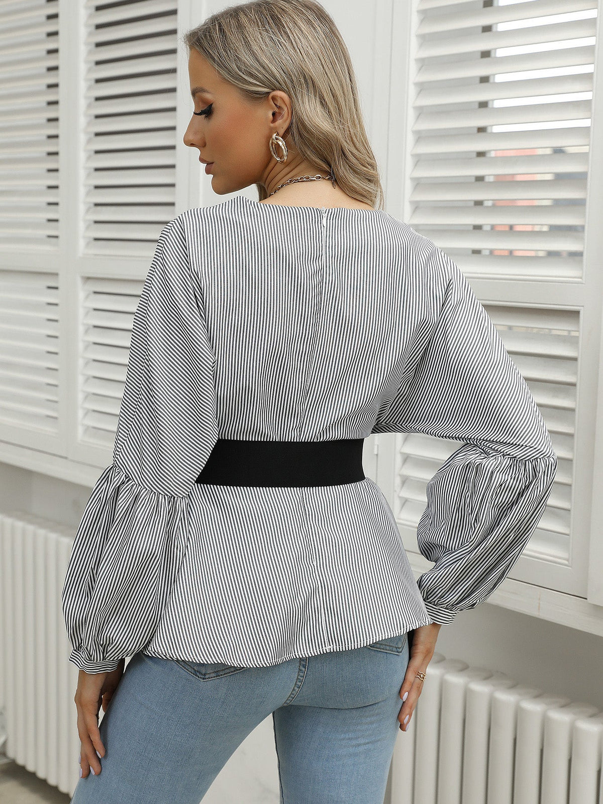 KittenAlarm - Lantern Sleeve Stripe V-neck Blouse