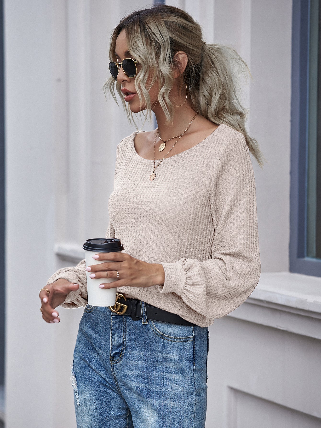 Lantern sleeve round neck T shirt - Fashionpara