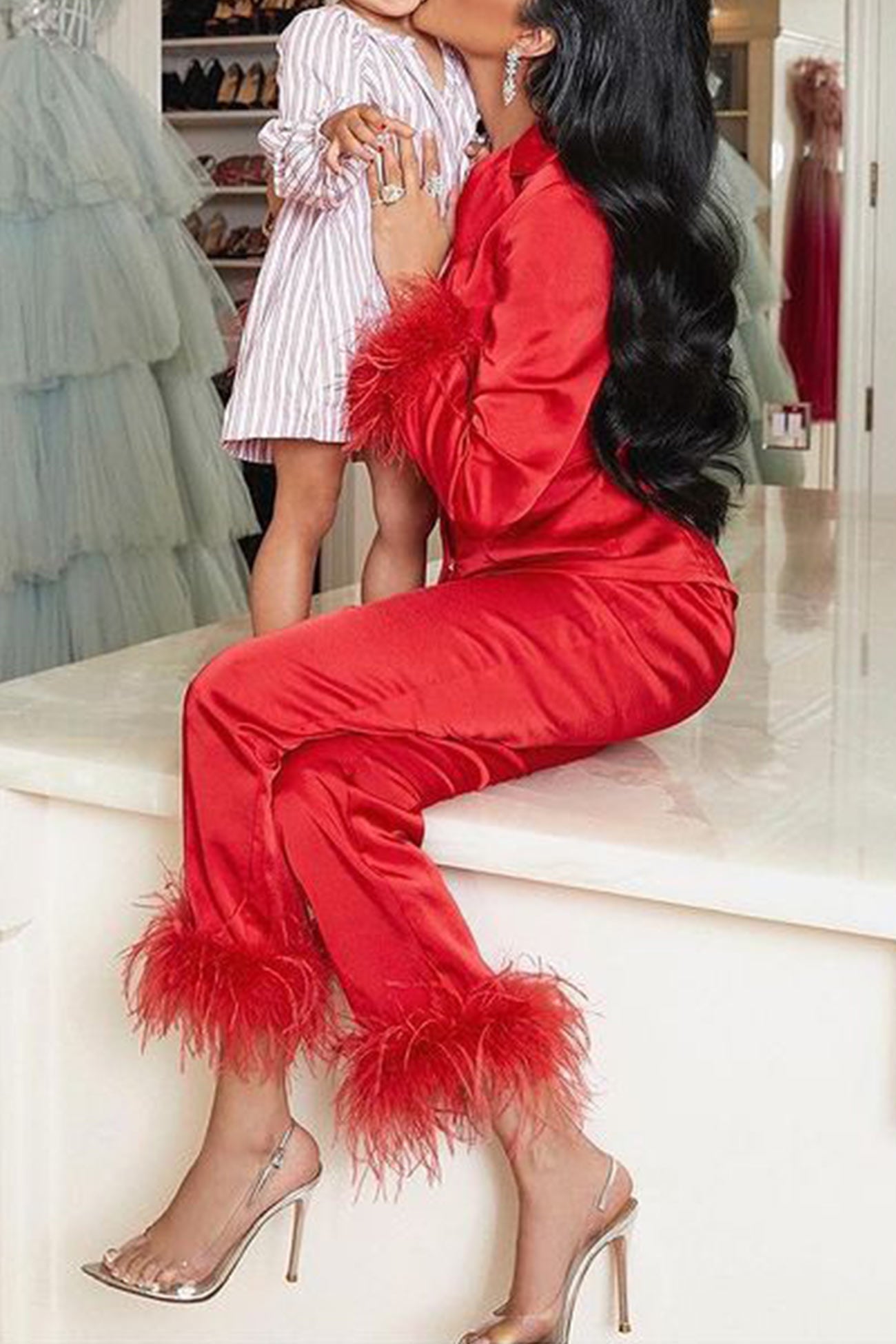 Lapel Feather Hem Two-piece Pants Set