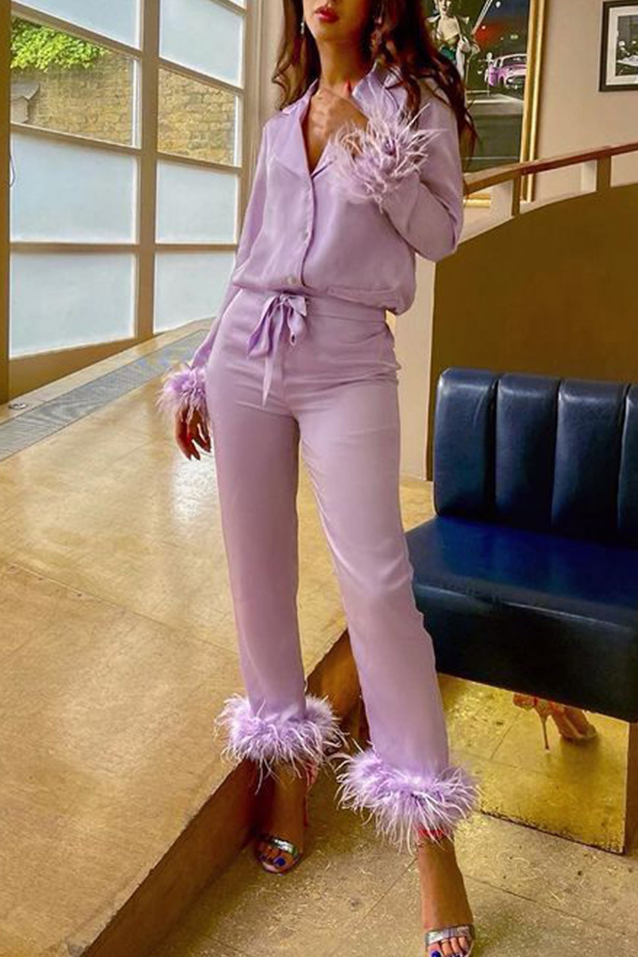 Lapel Feather Hem Two-piece Pants Set