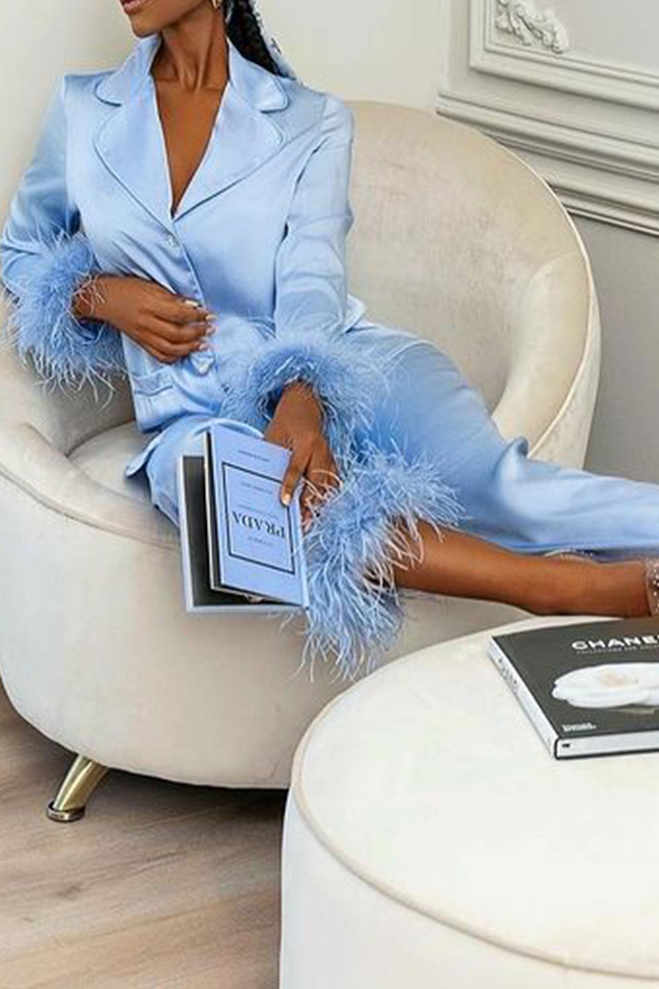 Lapel Feather Hem Two-piece Pants Set
