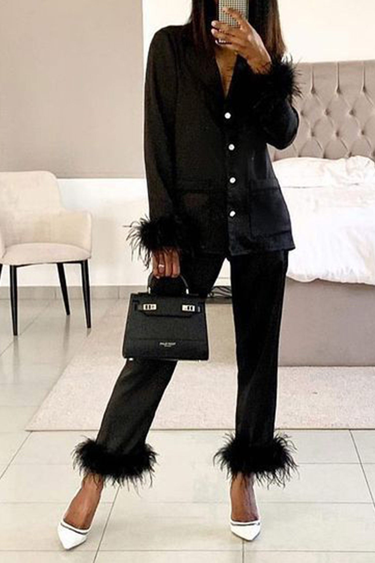 Lapel Feather Hem Two-piece Pants Set