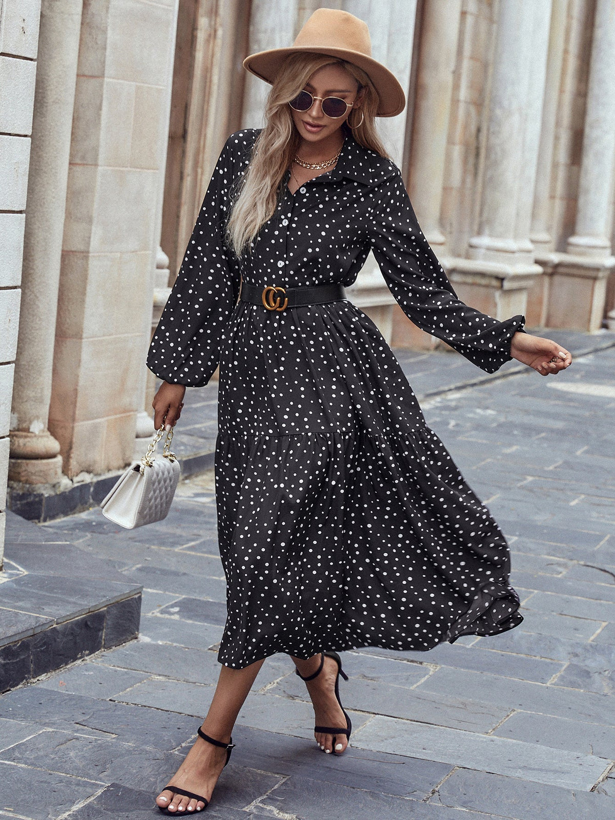 Polka Dot Long Sleeve Belted Tiered Midi Dress