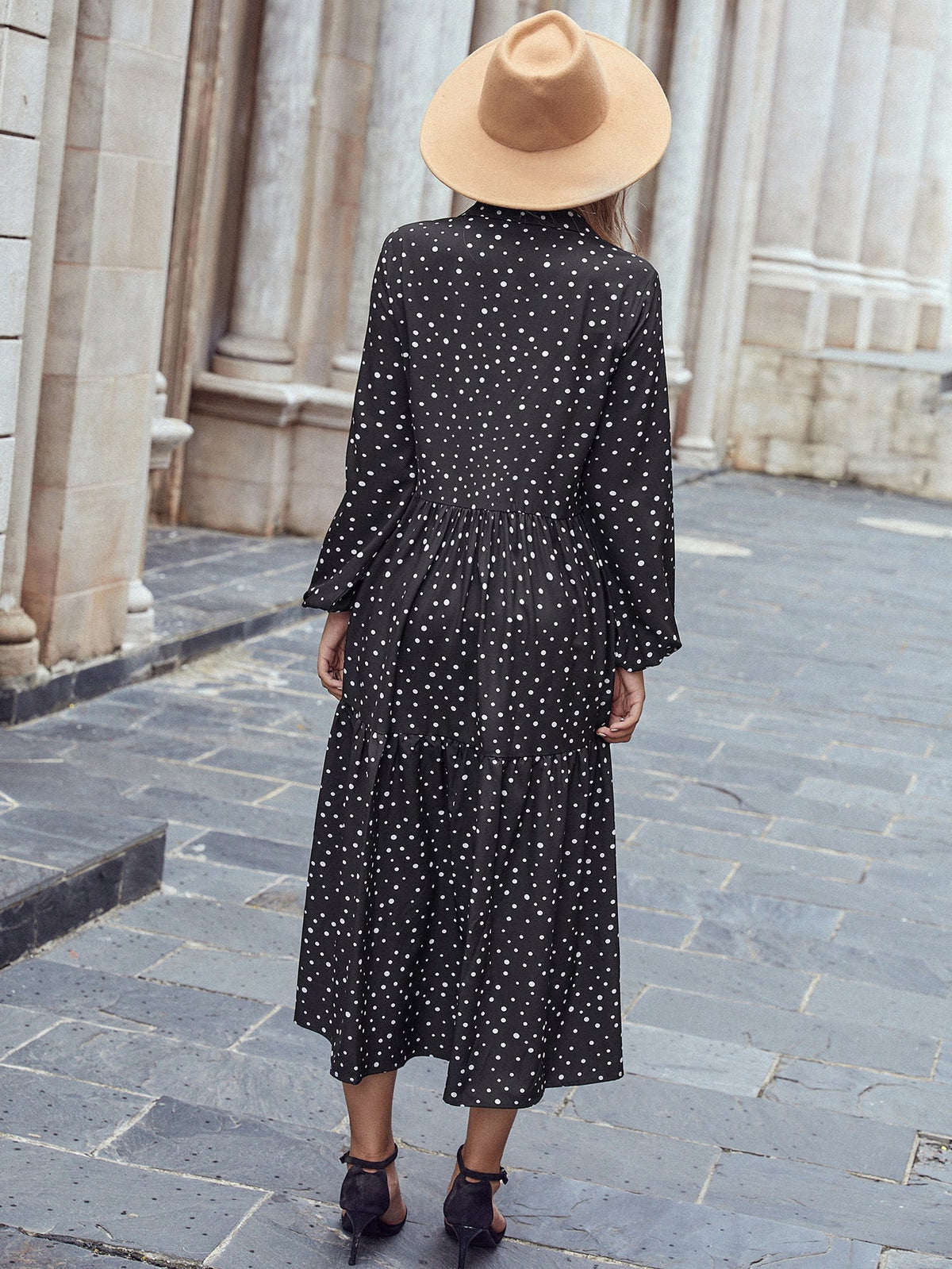 Polka Dot Long Sleeve Belted Tiered Midi Dress