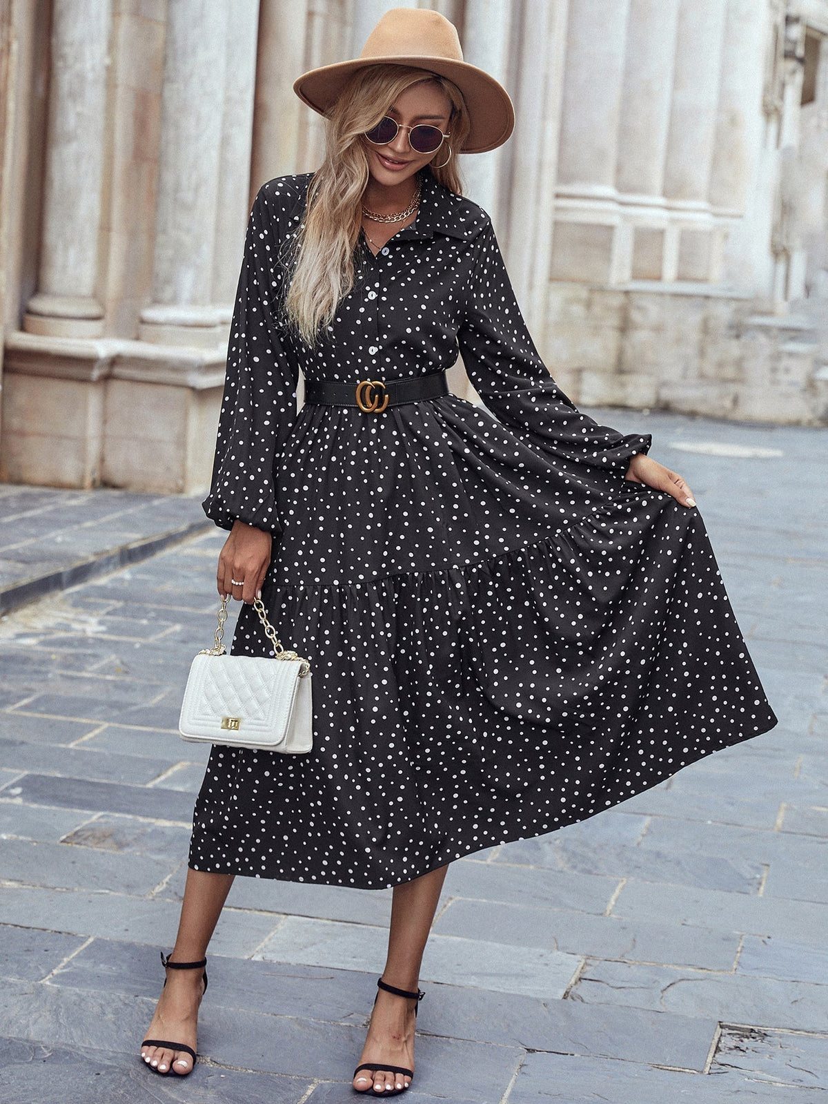 Polka Dot Long Sleeve Belted Tiered Midi Dress