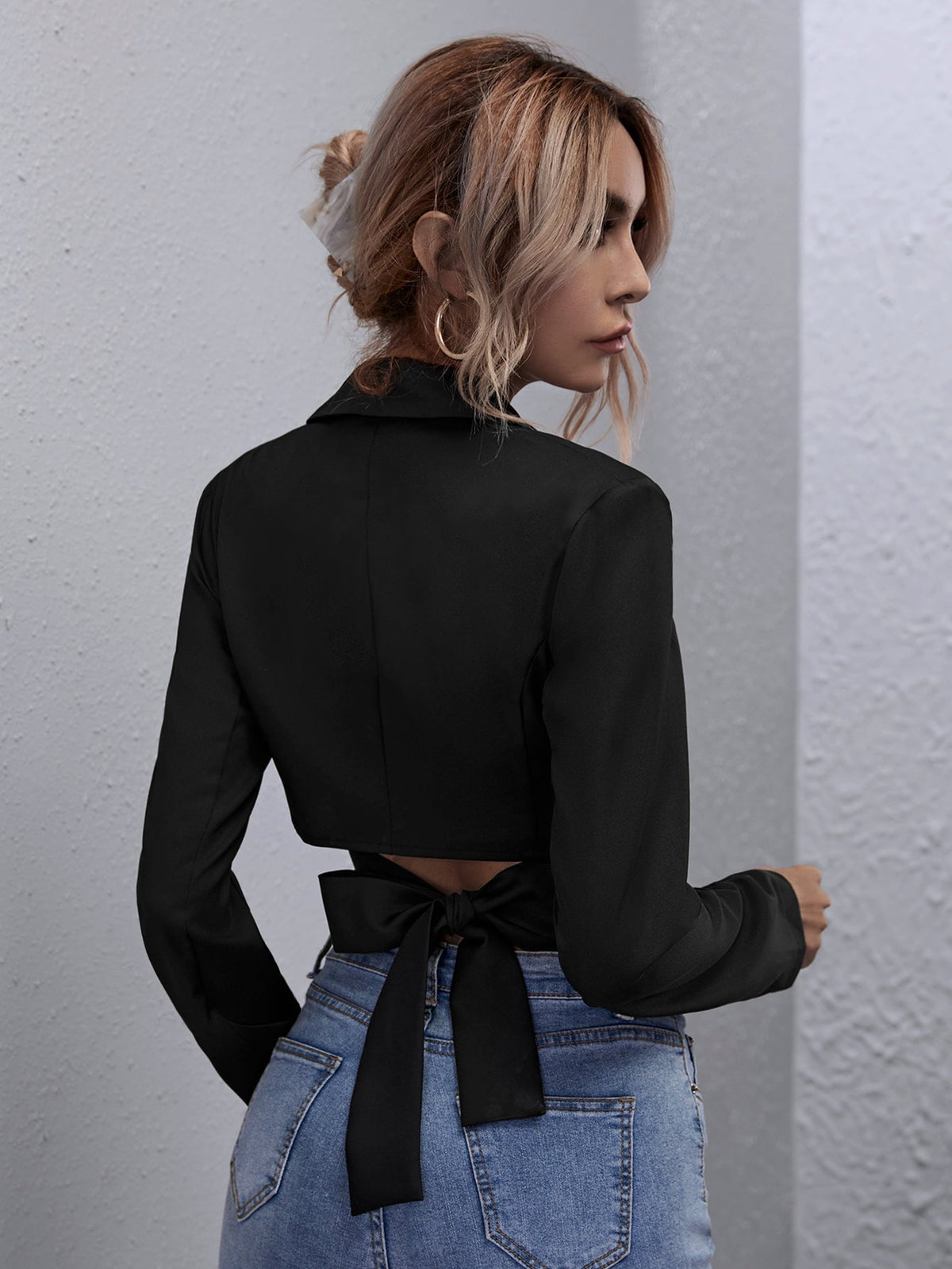 KittenAlarm - Lapel Neck Tie Back Crop Blouse