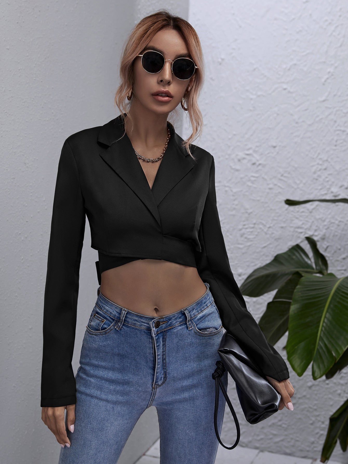 Lapel Neck Tie Back Crop Blouse - Fashionpara