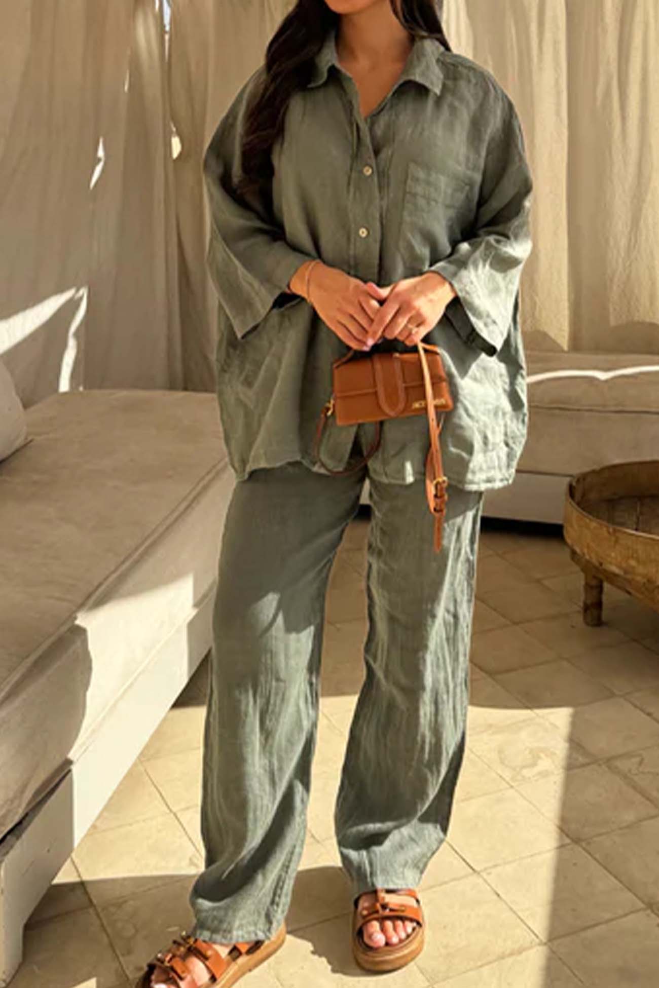 Lapel Button Shirt Long Pant Set