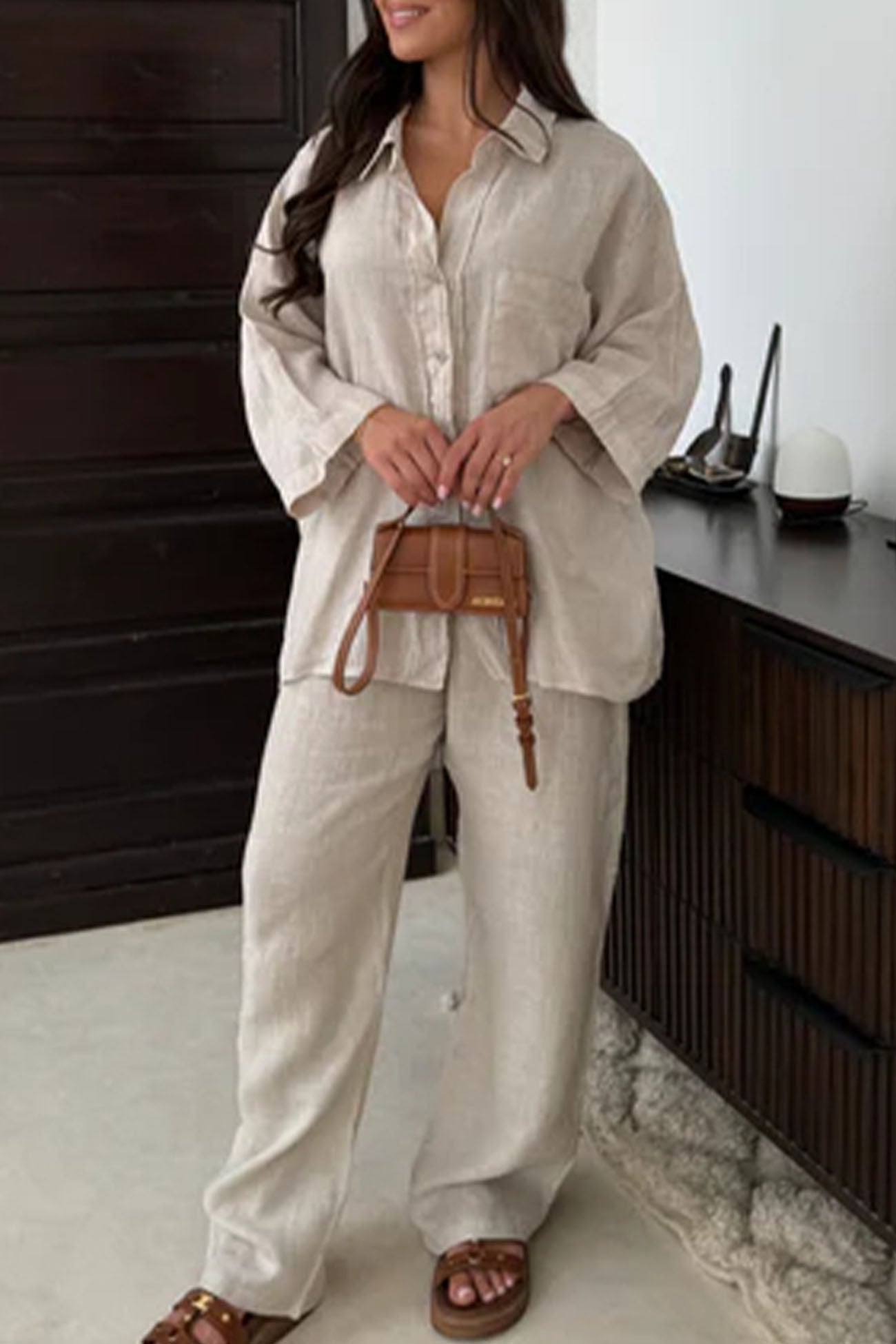 Lapel Button Shirt Long Pant Set