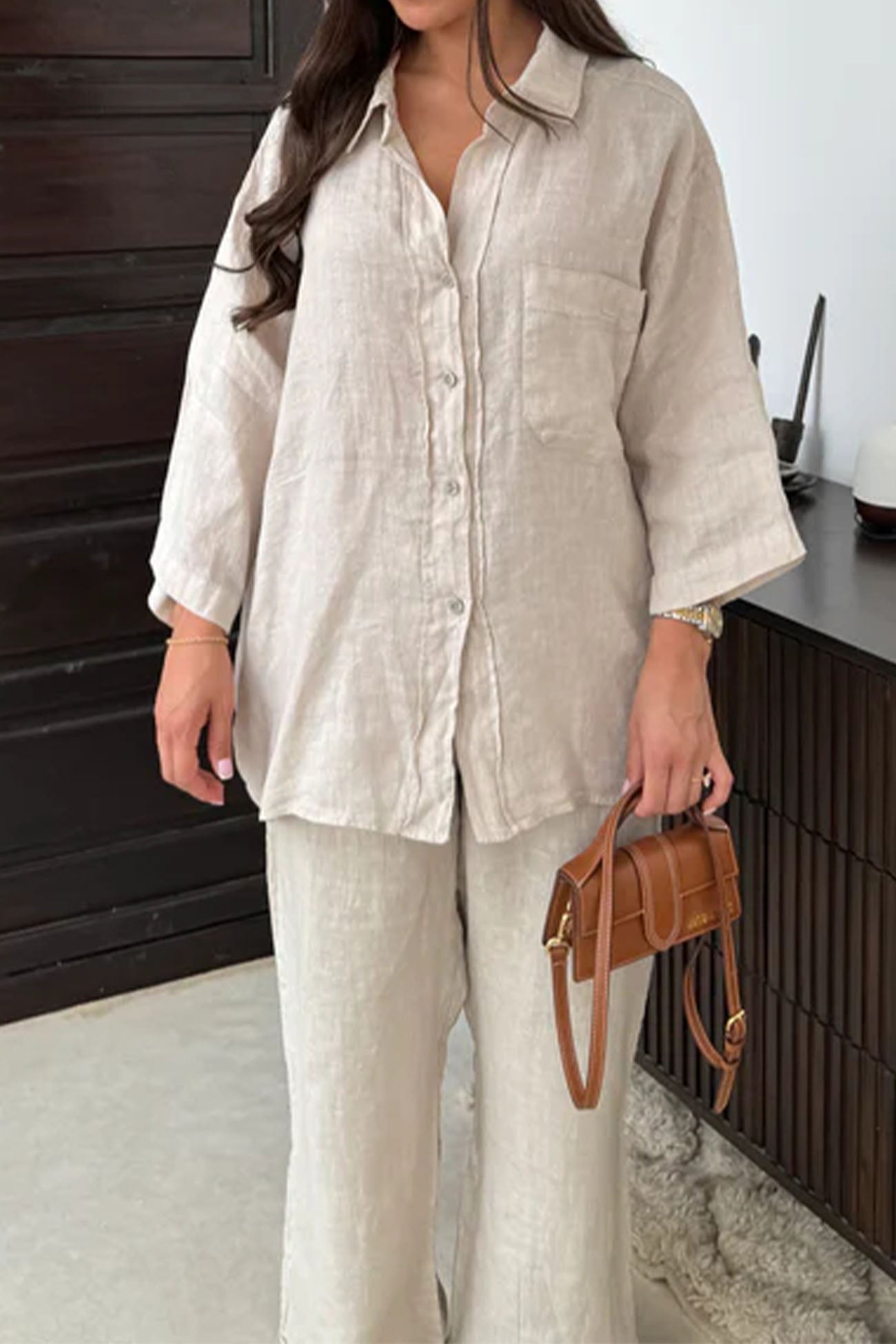 Lapel Button Shirt Long Pant Set
