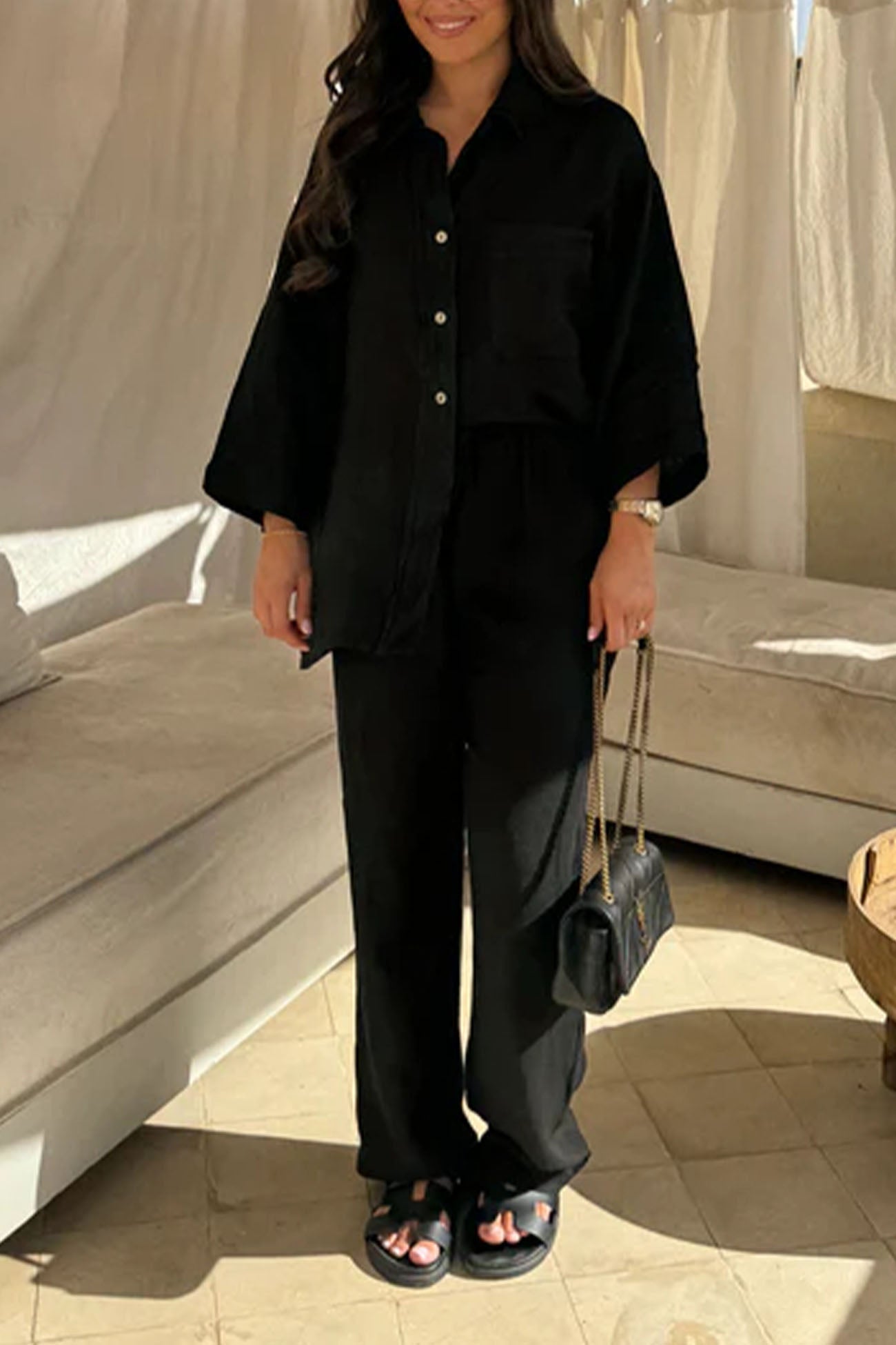 Lapel Button Shirt Long Pant Set