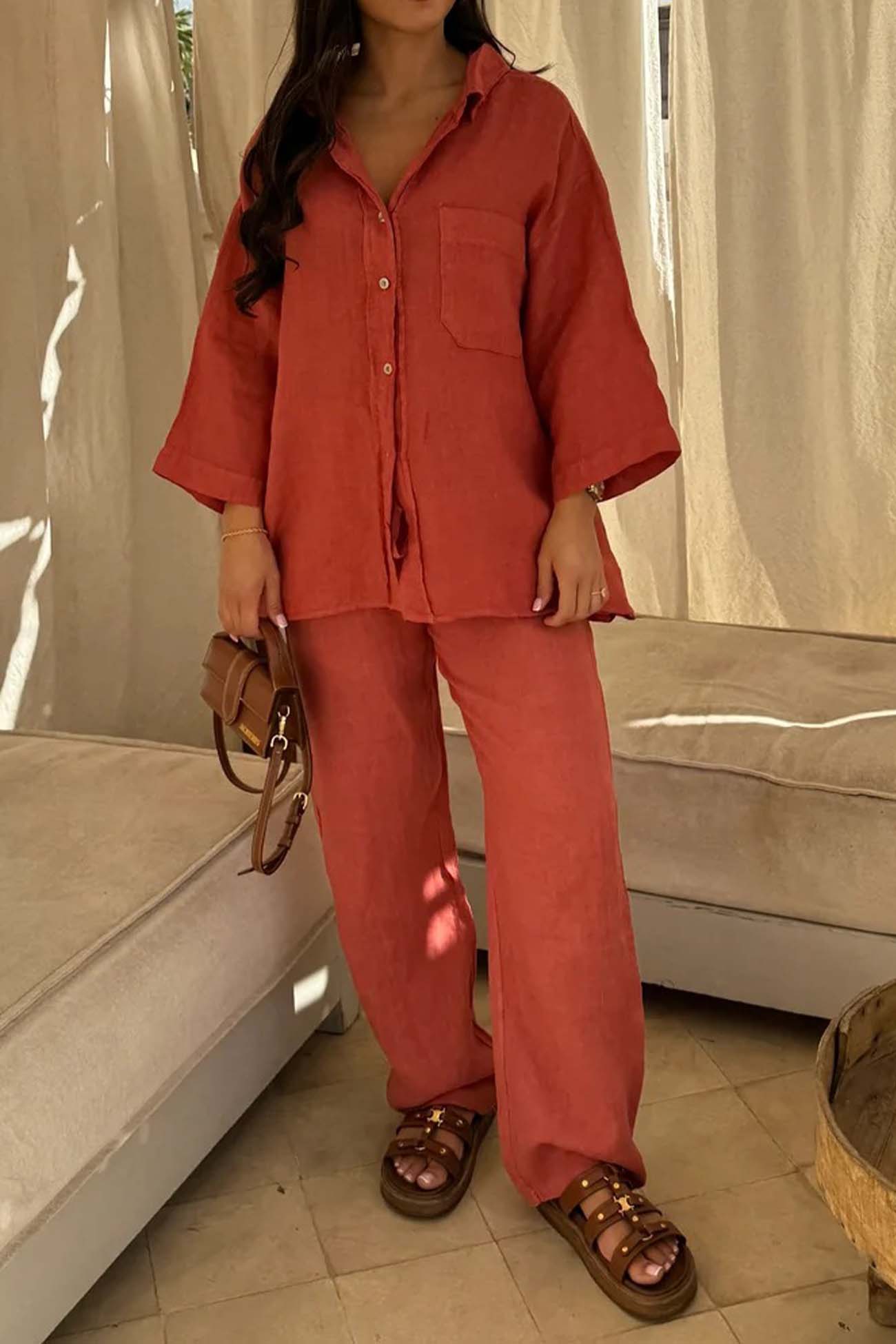 Lapel Button Shirt Long Pant Set