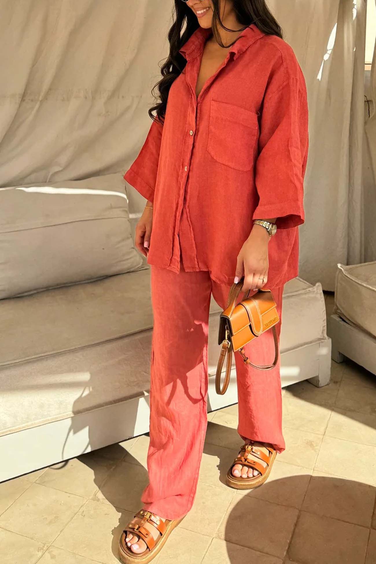 Lapel Button Shirt Long Pant Set