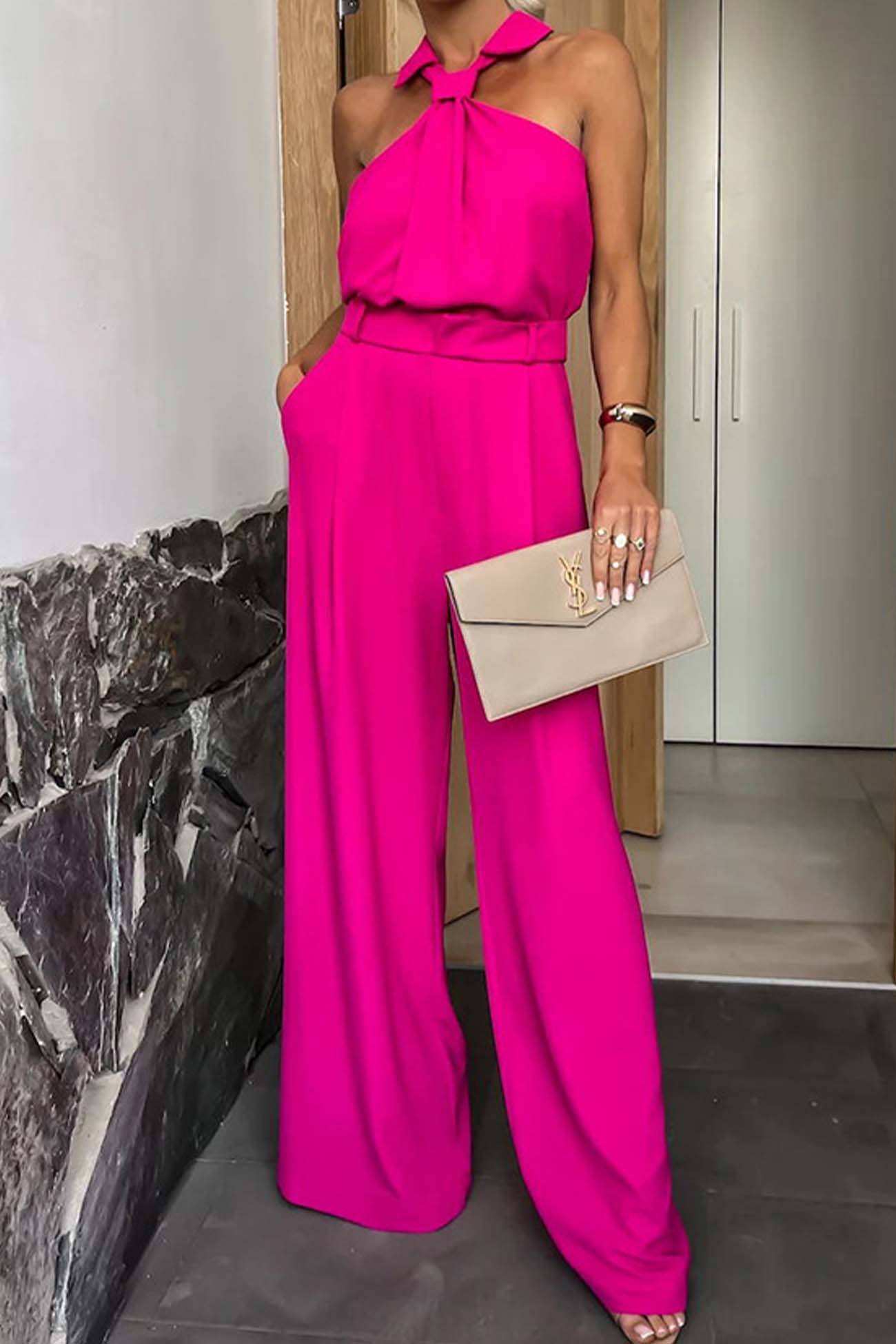 Lapel Halterneck Wide Leg Jumpsuits - Fashionpara