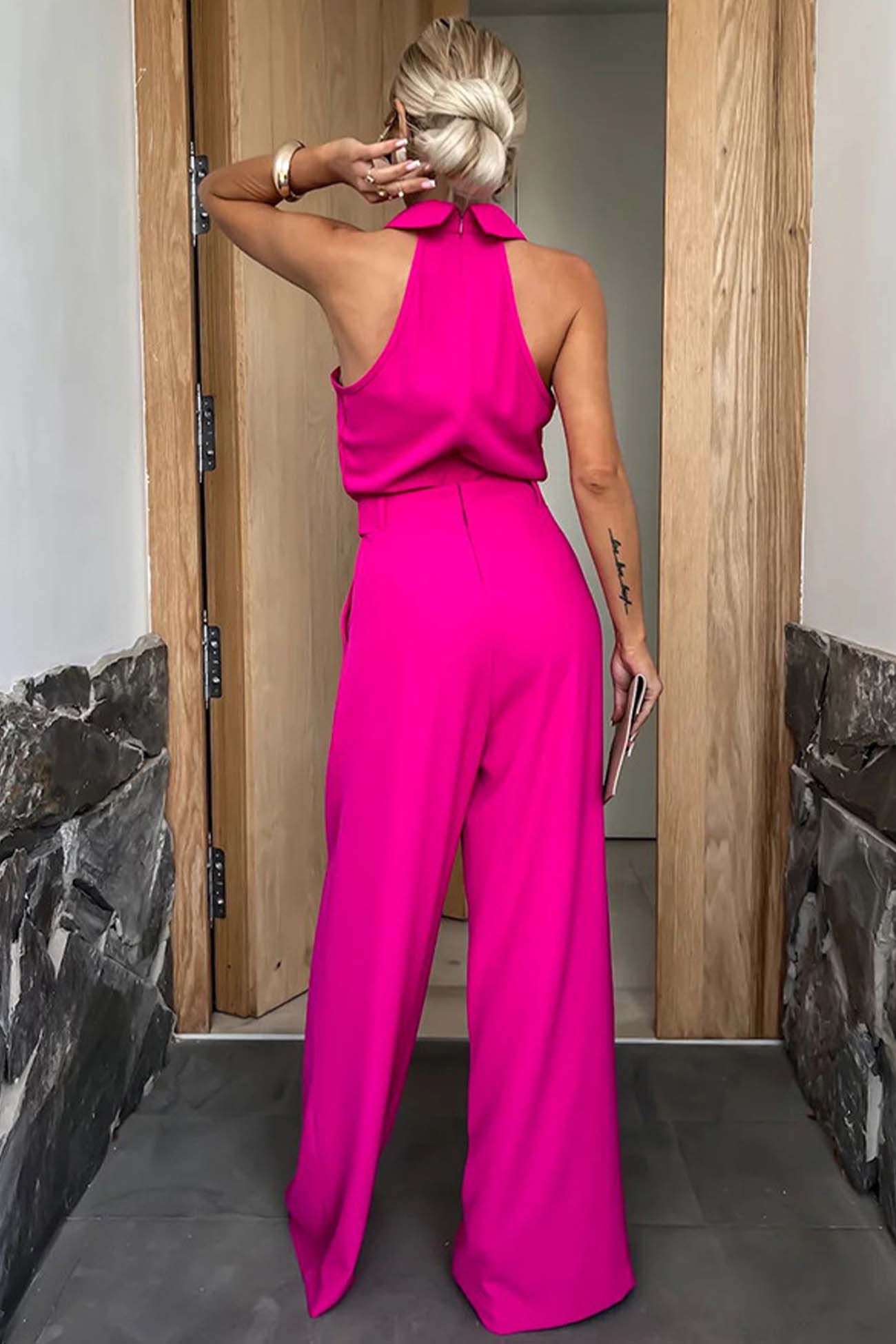 Lapel Halterneck Wide Leg Jumpsuits - Fashionpara