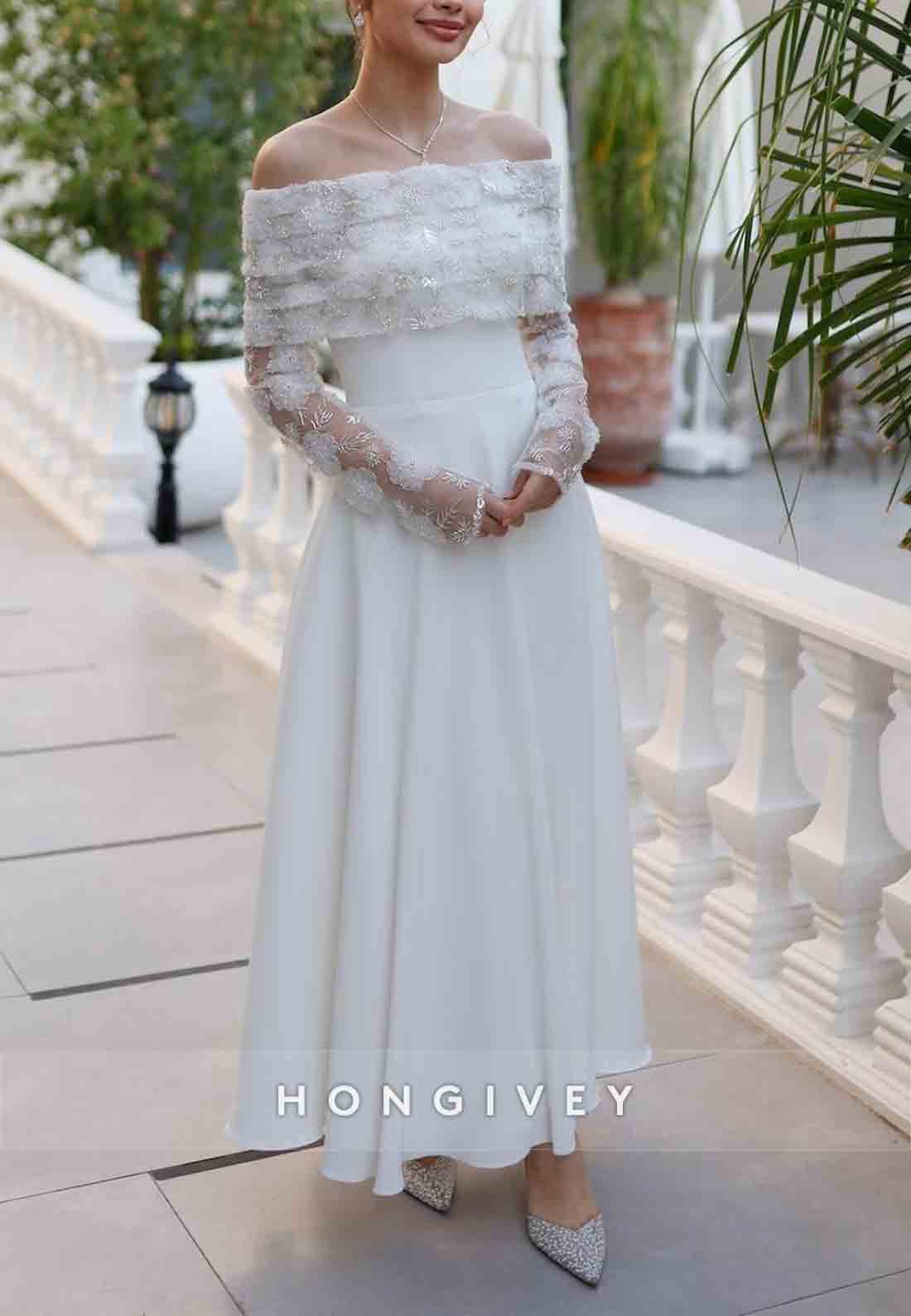 Off the Shoulder White Special Design Lace Detailed Wedding Engagement Dress