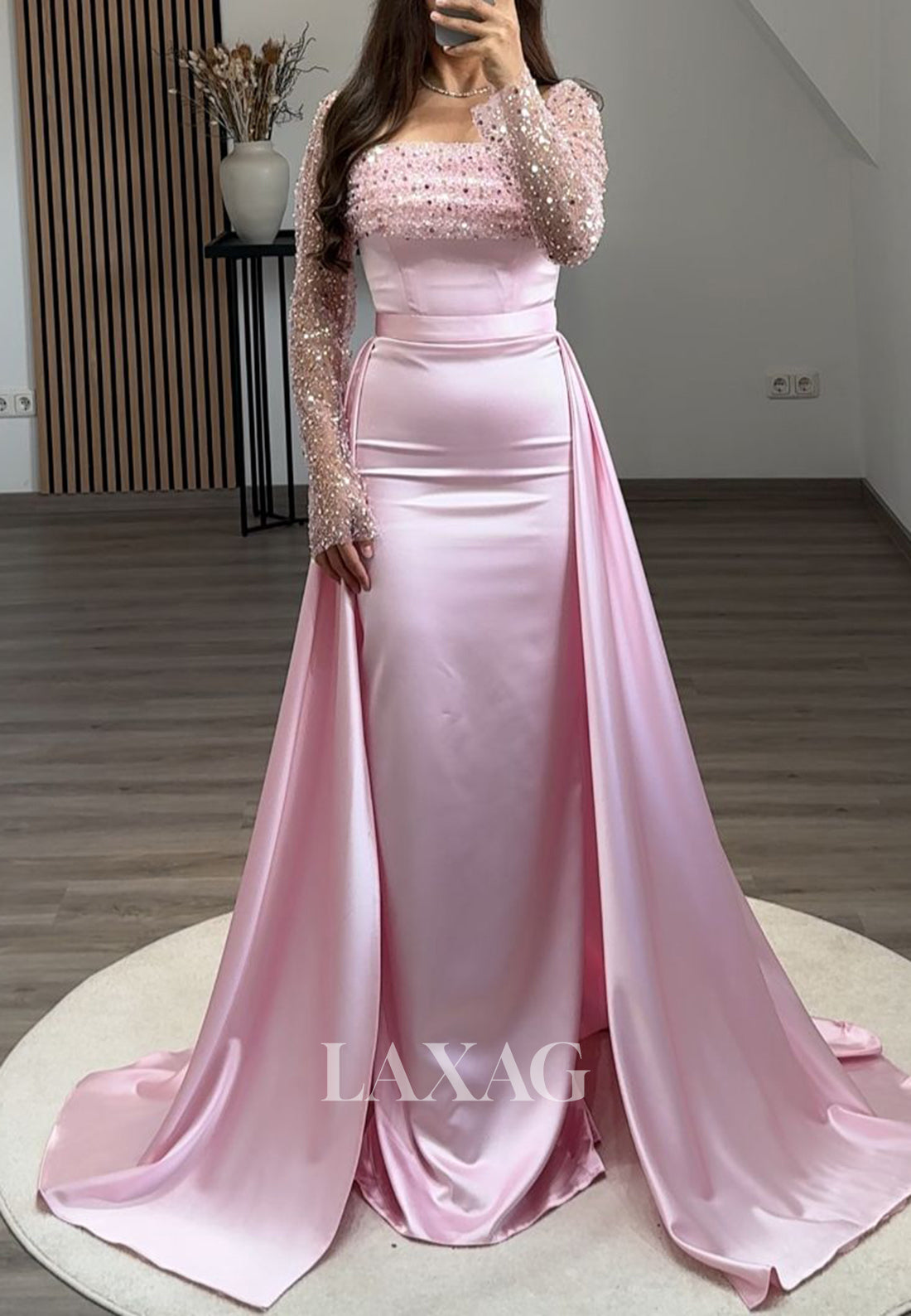 Long Sleeves Square-Nck Pleated Party Gowns Beaded Sequined Mermaid Prom Dress with Overskirt