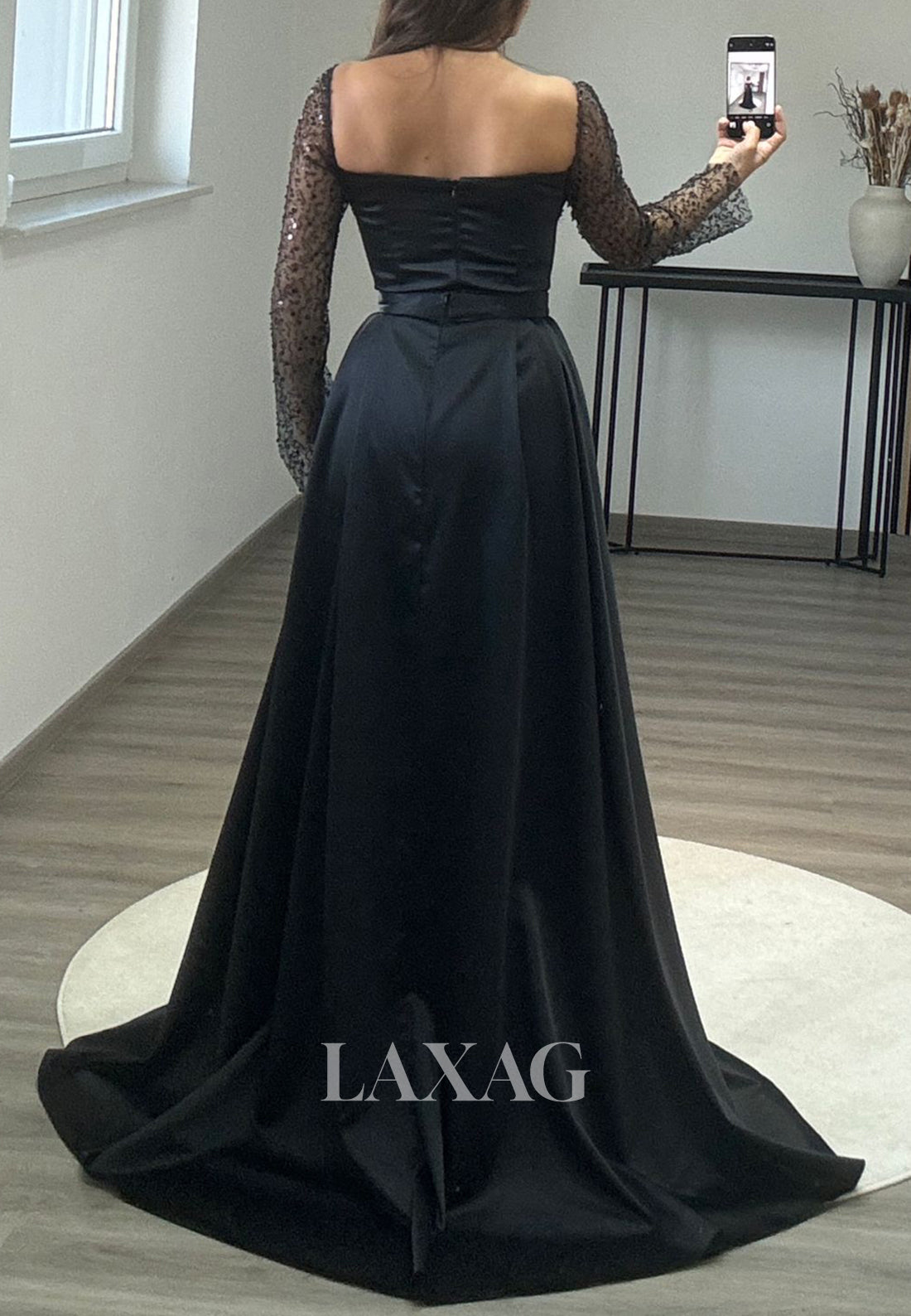 Long Sleeves Square-Nck Pleated Party Gowns Beaded Sequined Mermaid Prom Dress with Overskirt