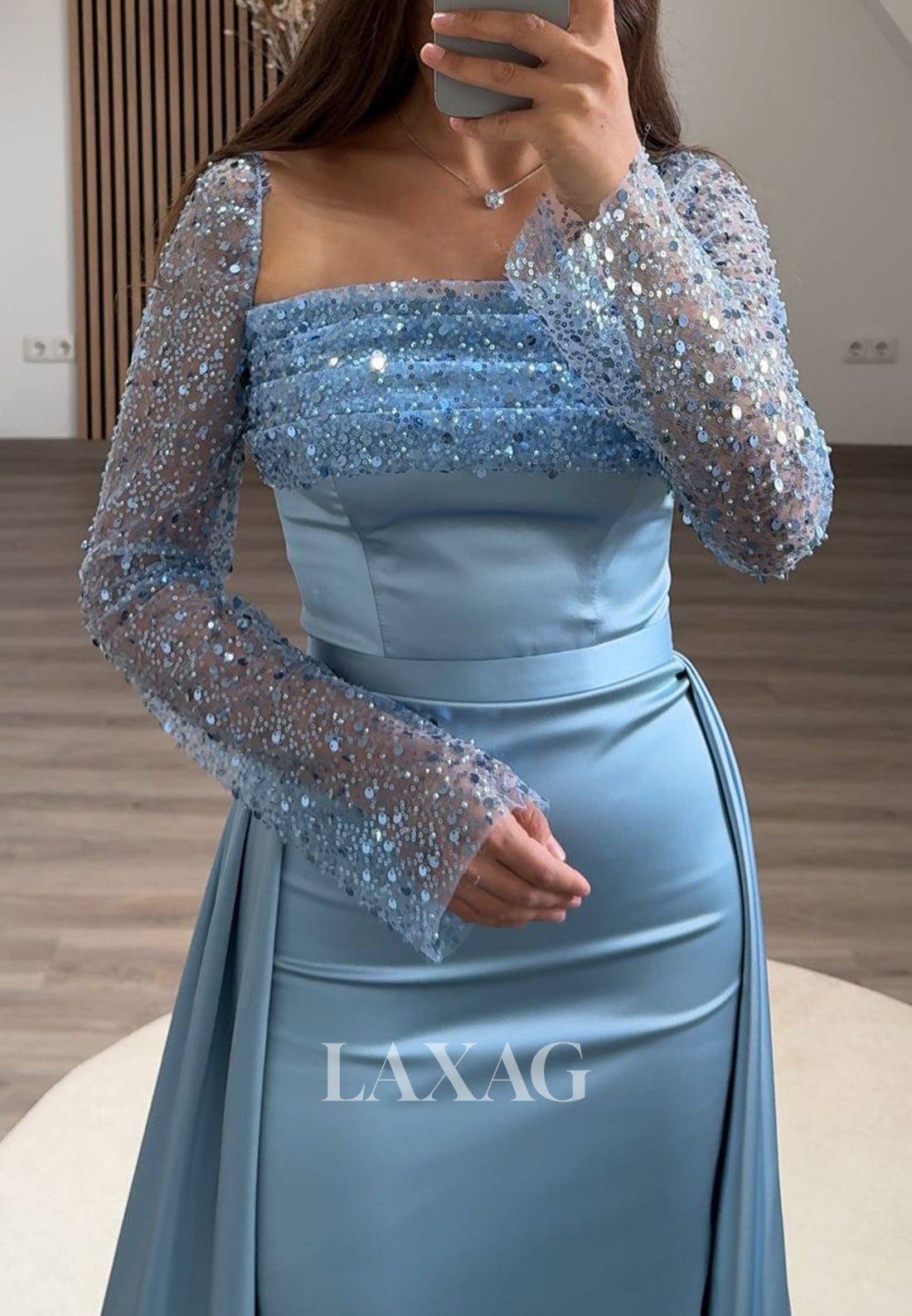 Long Sleeves Square-Nck Pleated Party Gowns Beaded Sequined Mermaid Prom Dress with Overskirt
