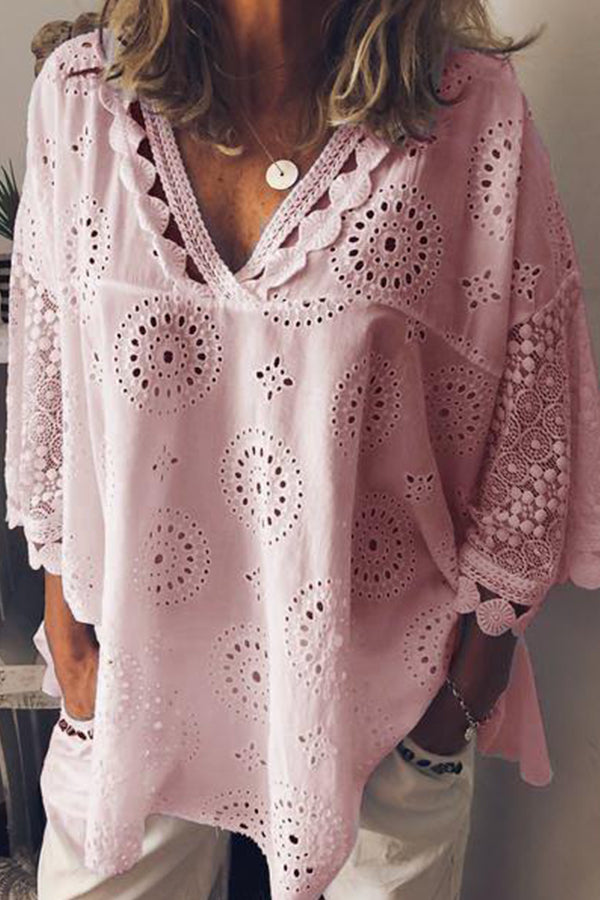Laser Cut V-neck Lace Blouse - Mislish