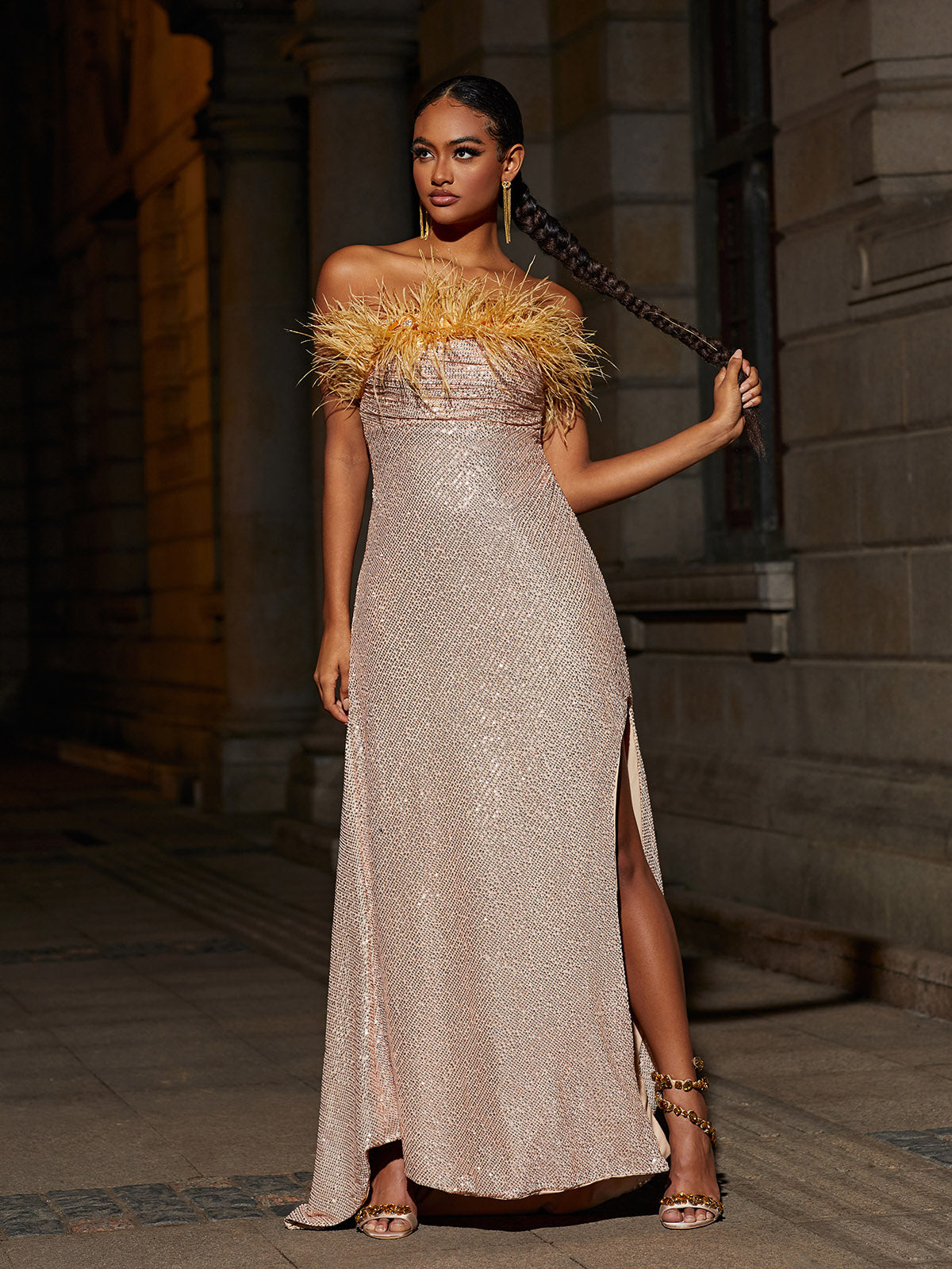 Laurell Strapless Feather Sequin Maxi Dress