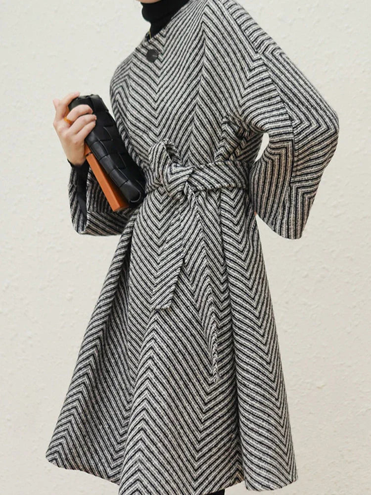 Zigzag Woolen Sashes A-Line Overcoat - Fashionpara