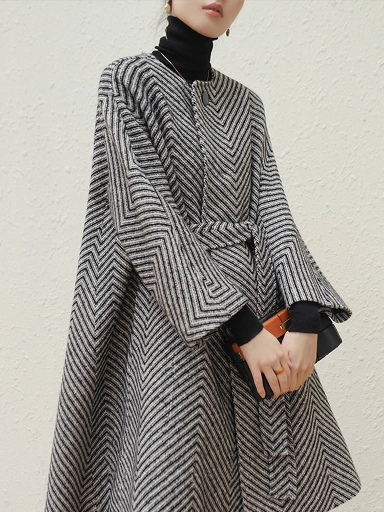 Zigzag Woolen Sashes A-Line Overcoat - Fashionpara